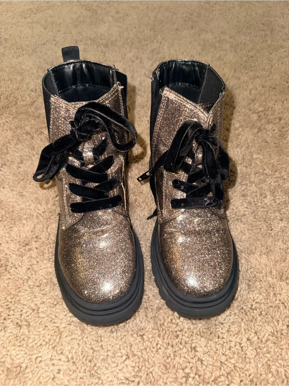 Primark Kids Metallic Pink Glitter Combat Boots with Black Laces Size 12